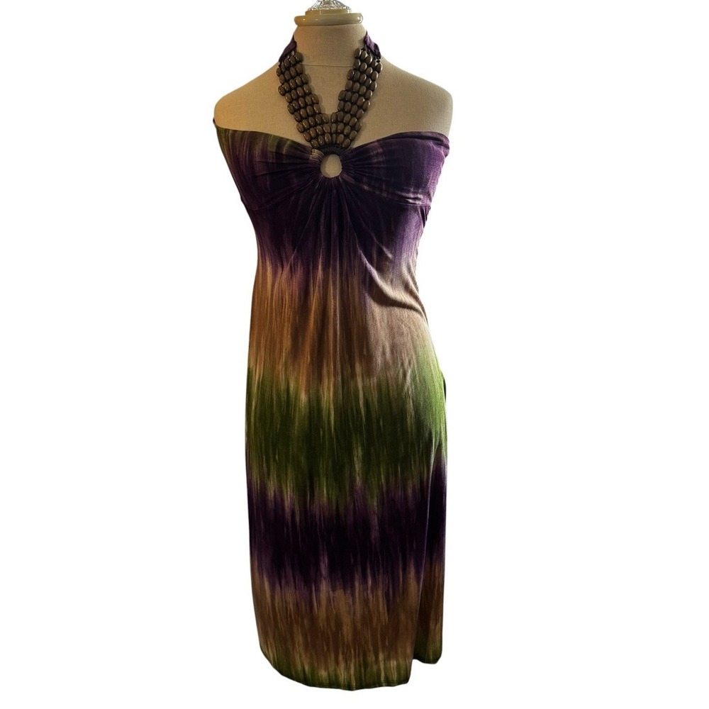 Fresh Of L A Maxi Dress Woman Size S/P Tie Dye Stretch Beaded Halter Neckline